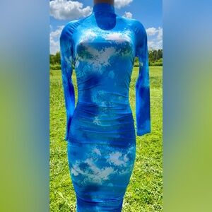 Handmade Blue Cloud Floral Bodycon Dress - Size Small